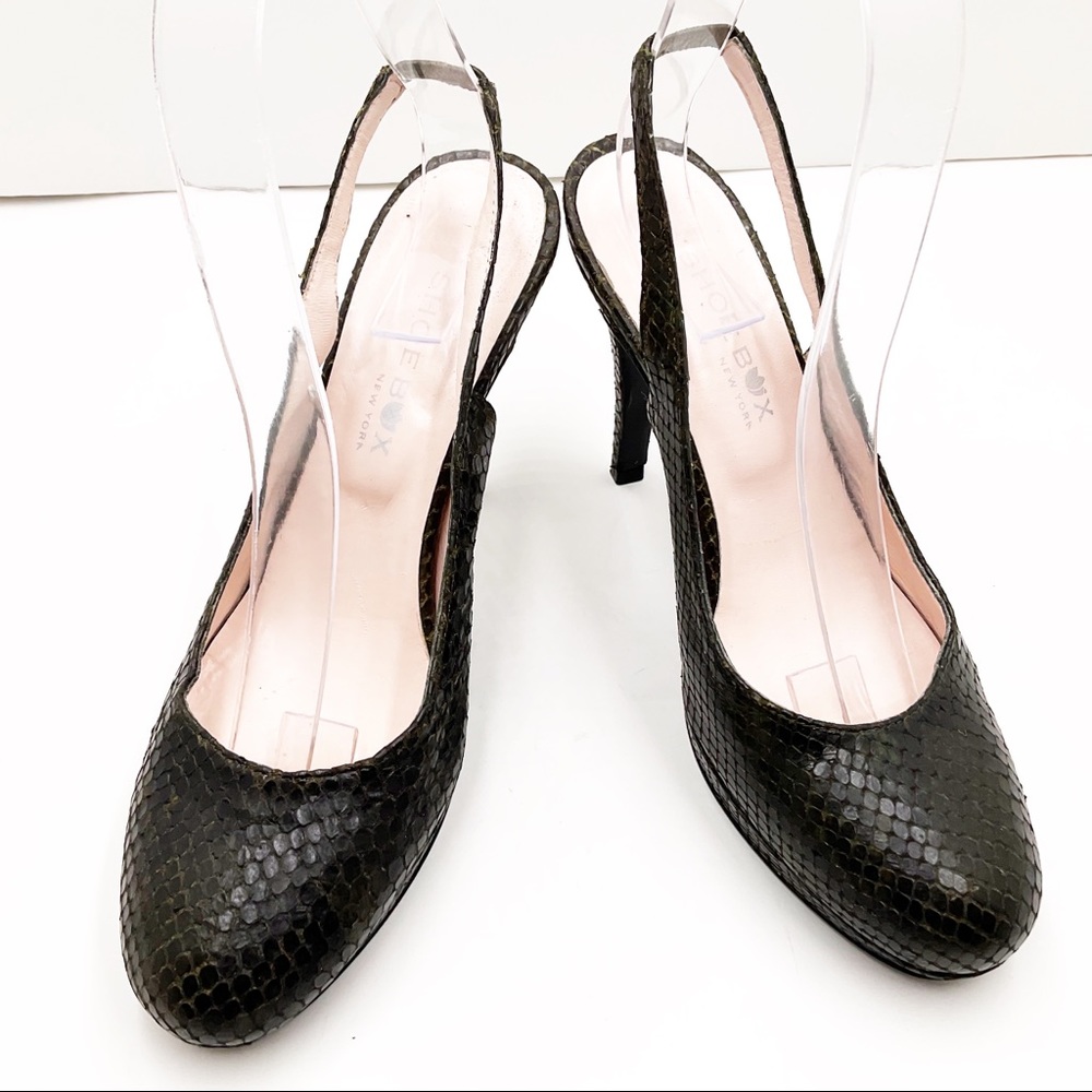 {Shoe Box Ny}Olive Python Leather Sling-Back Heels - image 1